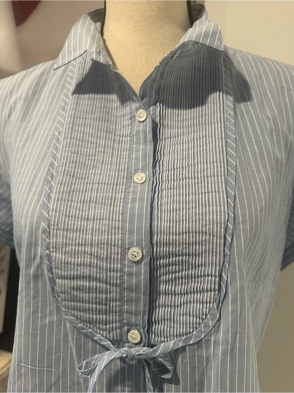 J. Crew Light Blue & White Striped Pleated Bib Blouse S/M